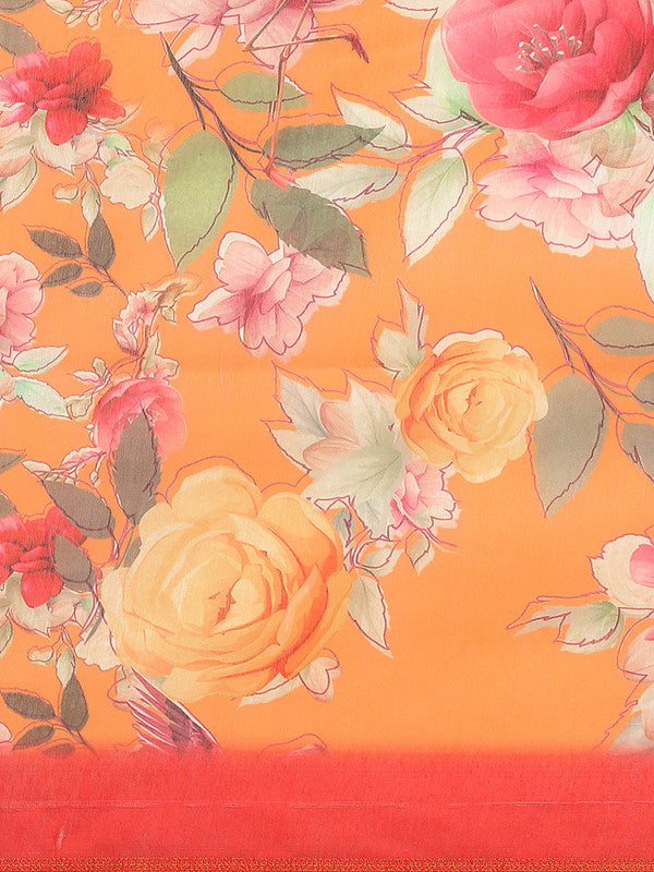 Orange Pure Cotton Printed Floral Saree with Unstitched Blouse - Hiral Fashion | Grocsy