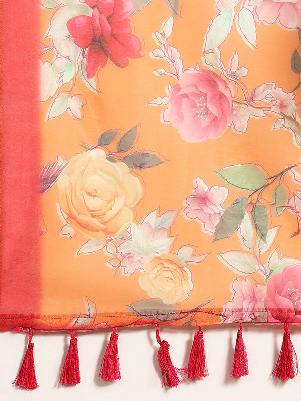 Orange Pure Cotton Printed Floral Saree with Unstitched Blouse - Hiral Fashion | Grocsy