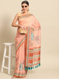 Peach Pure Cotton Printed Floral Saree with Unstitched Blouse - Hiral Fashion | Grocsy
