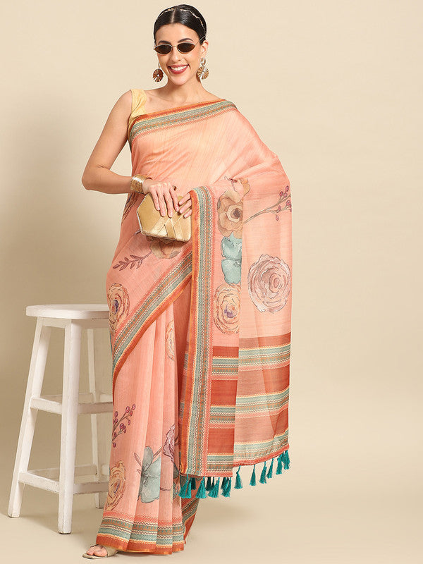 Peach Pure Cotton Printed Floral Saree with Unstitched Blouse - Hiral Fashion | Grocsy