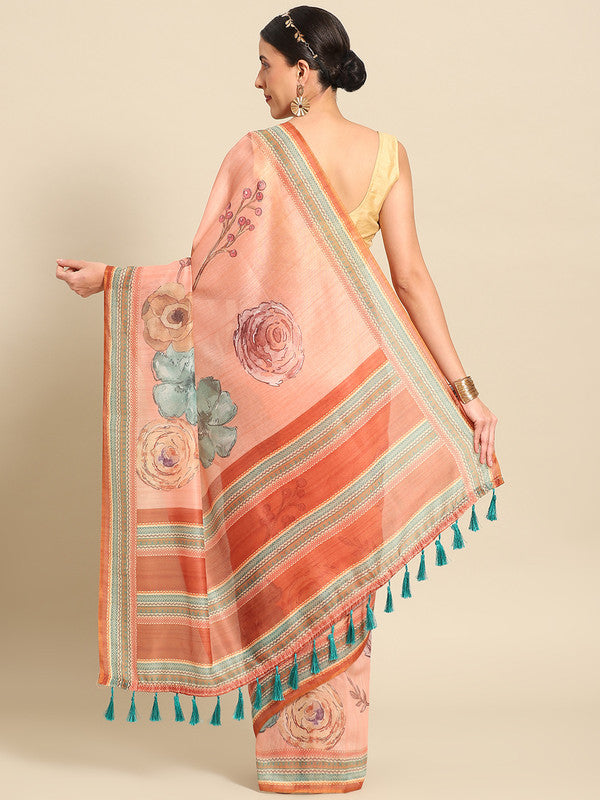 Peach Pure Cotton Printed Floral Saree with Unstitched Blouse - Hiral Fashion | Grocsy
