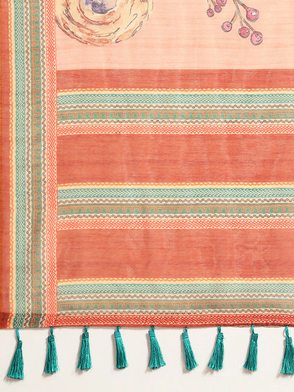 Peach Pure Cotton Printed Floral Saree with Unstitched Blouse - Hiral Fashion | Grocsy