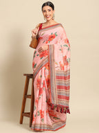 Pink Pure Cotton Printed Floral Saree with Unstitched Blouse - Hiral Fashion | Grocsy
