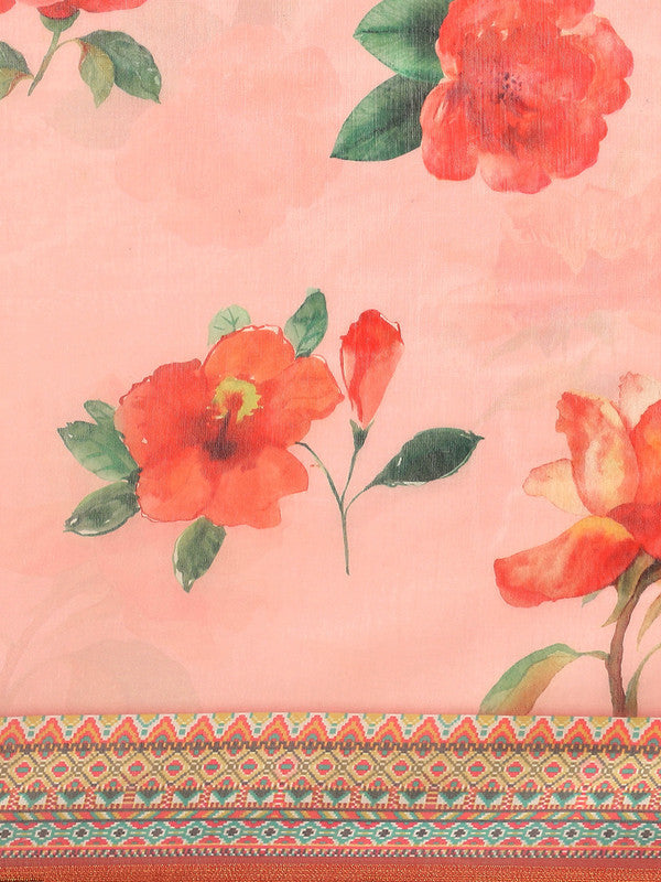 Pink Pure Cotton Printed Floral Saree with Unstitched Blouse - Hiral Fashion | Grocsy