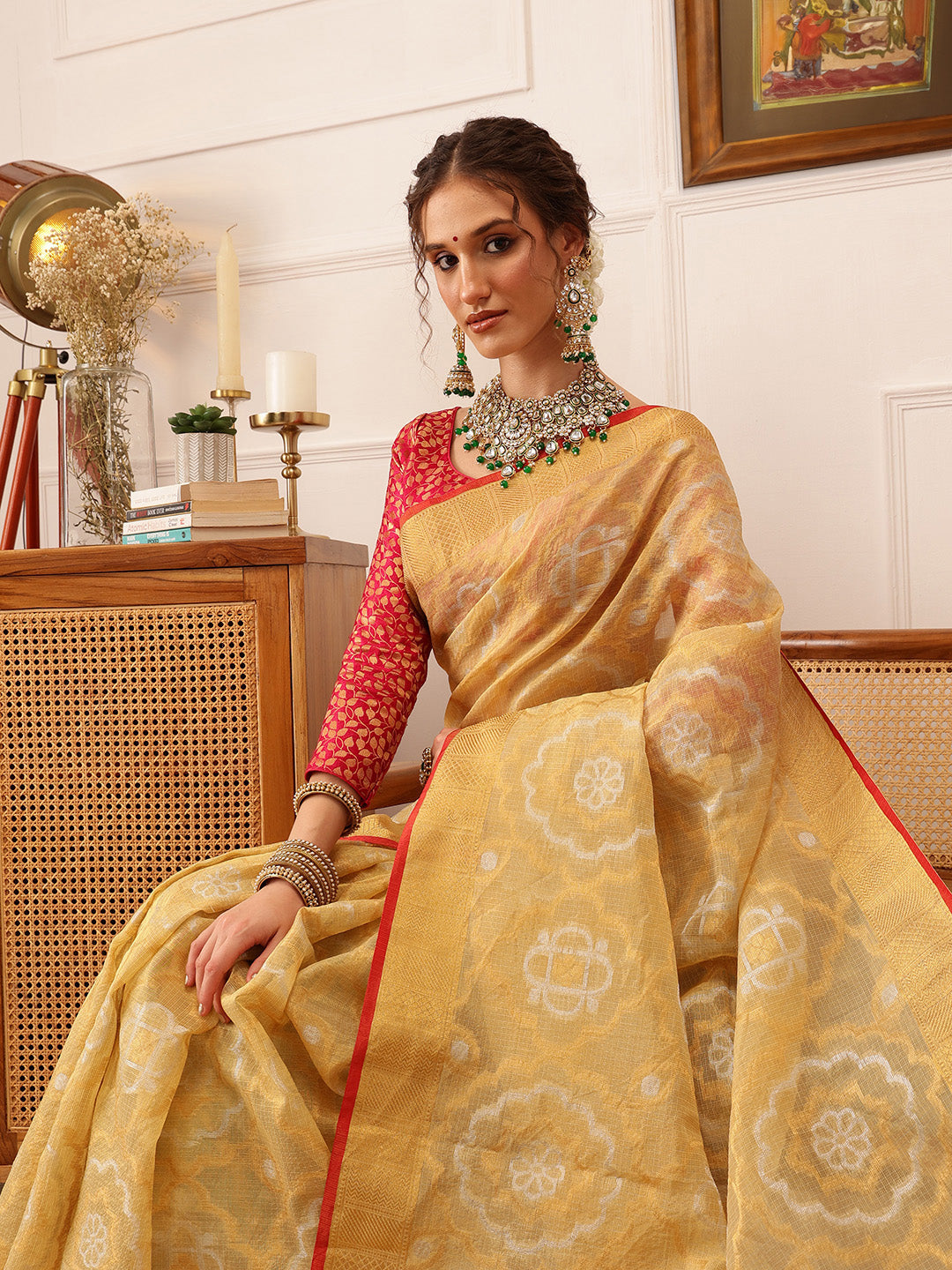 Hiral Fashion Beige Banarasi Kota Doria Woven Design Zari Woven Saree | Grocsy