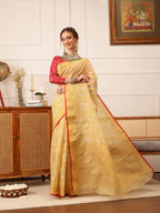 Hiral Fashion Beige Banarasi Kota Doria Woven Design Zari Woven Saree | Grocsy