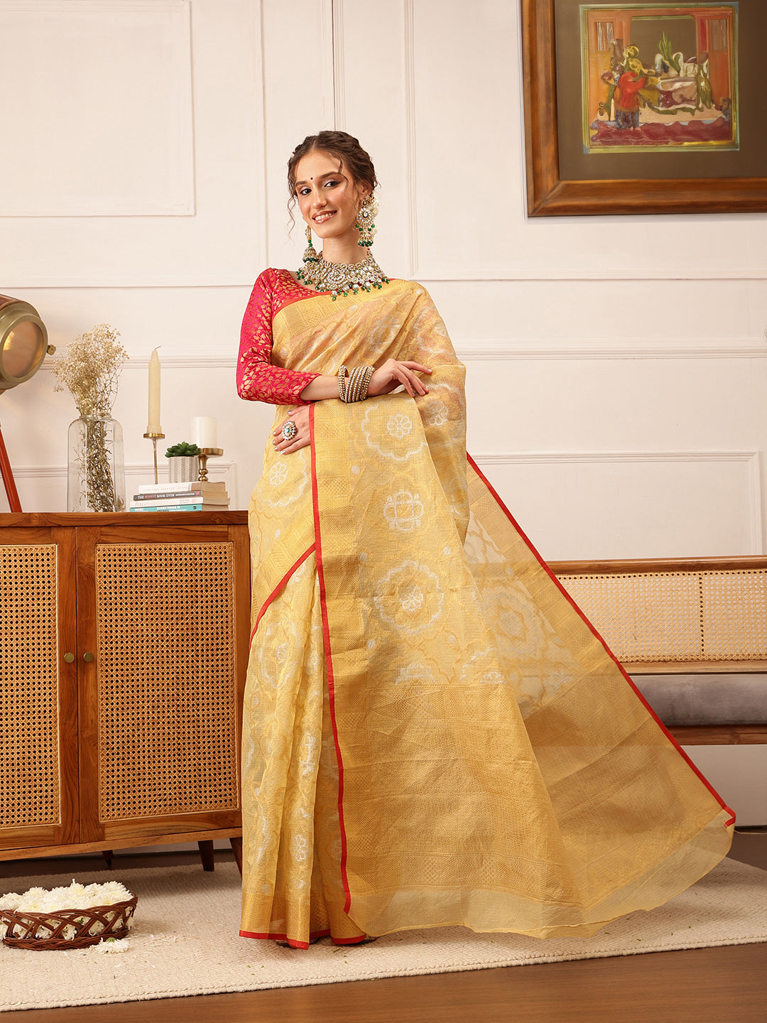 Hiral Fashion Beige Banarasi Kota Doria Woven Design Zari Woven Saree | Grocsy