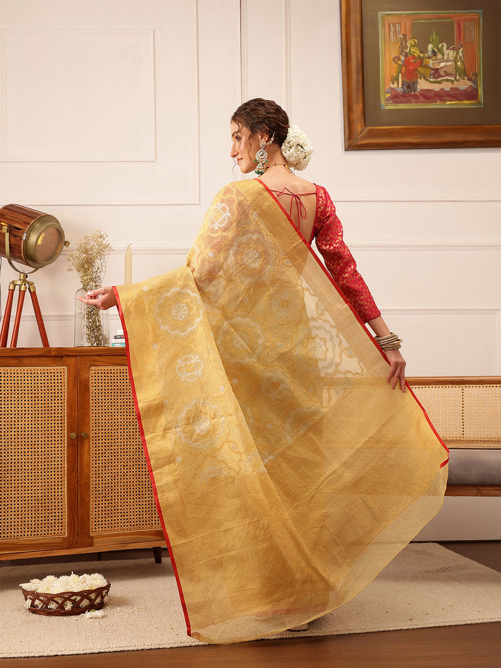 Hiral Fashion Beige Banarasi Kota Doria Woven Design Zari Woven Saree | Grocsy