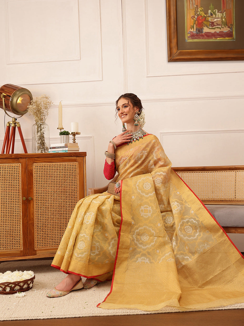Hiral Fashion Beige Banarasi Kota Doria Woven Design Zari Woven Saree | Grocsy
