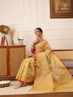 Hiral Fashion Beige Banarasi Kota Doria Woven Design Zari Woven Saree | Grocsy