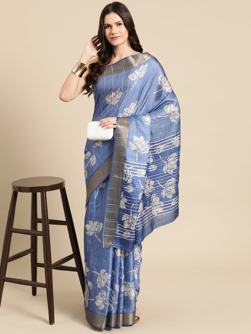 Blue Silk Blend Digital Print Floral Saree with Unstitched Blouse - Hiral Fashion | Grocsy