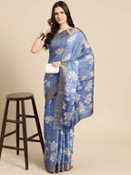 Blue Silk Blend Digital Print Floral Saree with Unstitched Blouse - Hiral Fashion | Grocsy