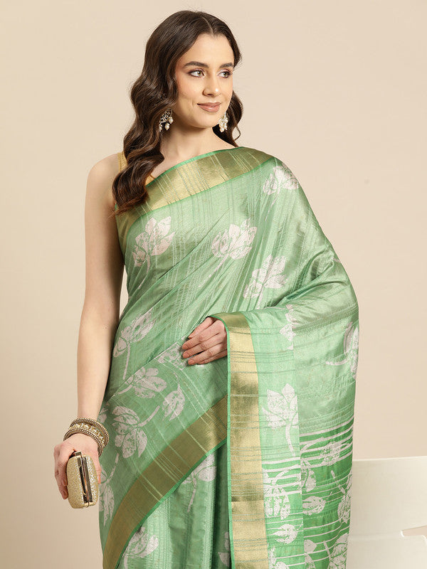 Green Silk Blend Digital Print Floral Saree with Unstitched Blouse - Hiral Fashion | Grocsy