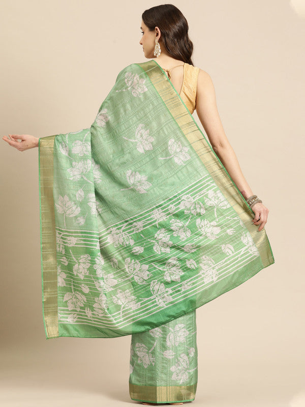 Green Silk Blend Digital Print Floral Saree with Unstitched Blouse - Hiral Fashion | Grocsy