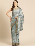 Gray Silk Blend Digital Print Floral Saree with Unstitched Blouse - Hiral Fashion | Grocsy
