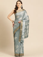 Gray Silk Blend Digital Print Floral Saree with Unstitched Blouse - Hiral Fashion | Grocsy