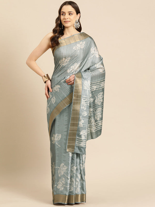 Gray Silk Blend Digital Print Floral Saree with Unstitched Blouse - Hiral Fashion | Grocsy