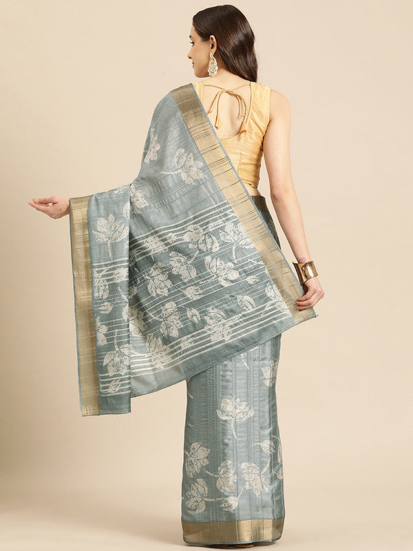 Gray Silk Blend Digital Print Floral Saree with Unstitched Blouse - Hiral Fashion | Grocsy