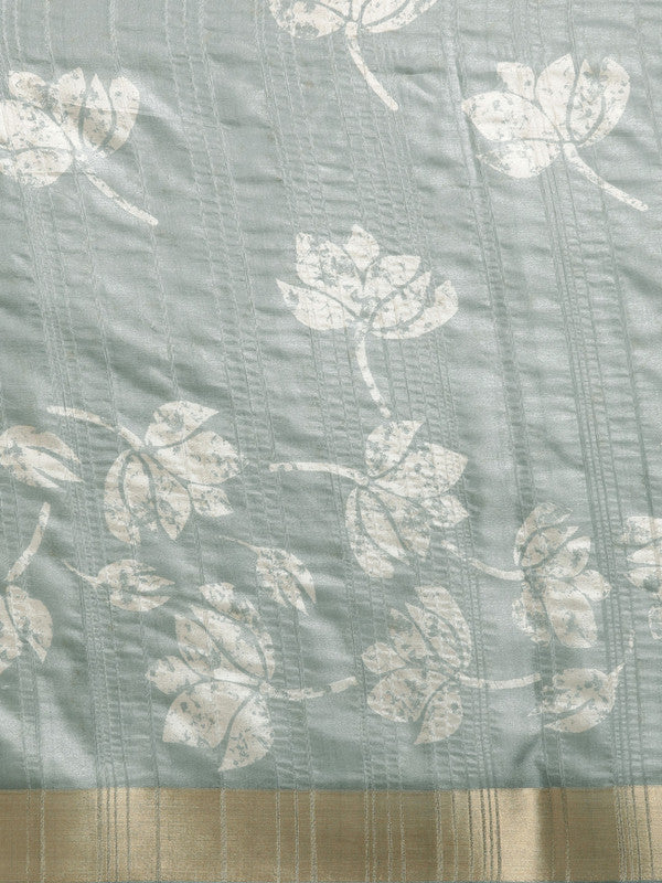 Gray Silk Blend Digital Print Floral Saree with Unstitched Blouse - Hiral Fashion | Grocsy