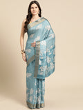 Turquoise Silk Blend Digital Print Floral Saree with Unstitched Blouse - Hiral Fashion | Grocsy