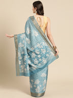 Turquoise Silk Blend Digital Print Floral Saree with Unstitched Blouse - Hiral Fashion | Grocsy