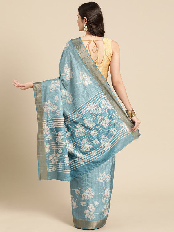 Turquoise Silk Blend Digital Print Floral Saree with Unstitched Blouse - Hiral Fashion | Grocsy