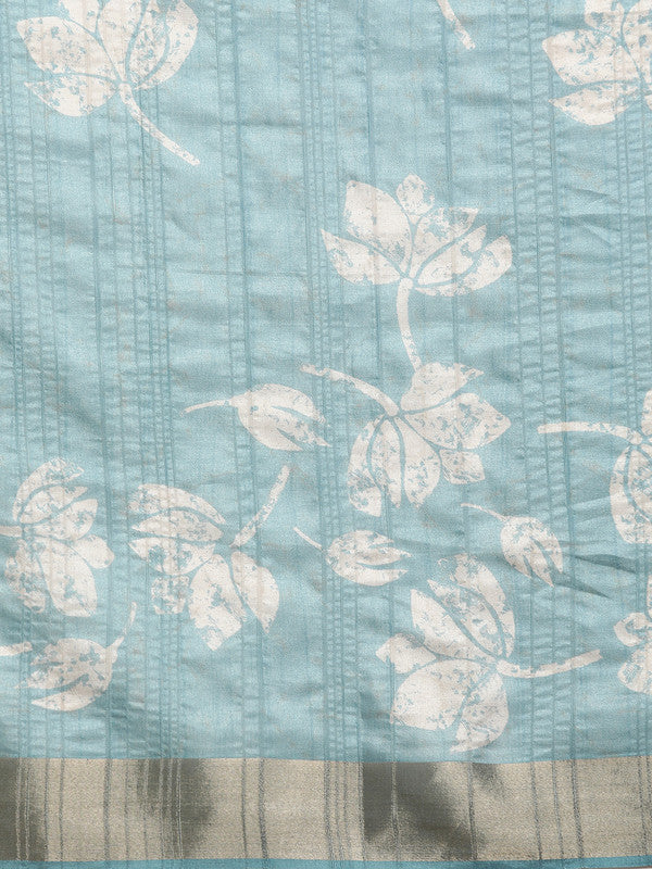 Turquoise Silk Blend Digital Print Floral Saree with Unstitched Blouse - Hiral Fashion | Grocsy
