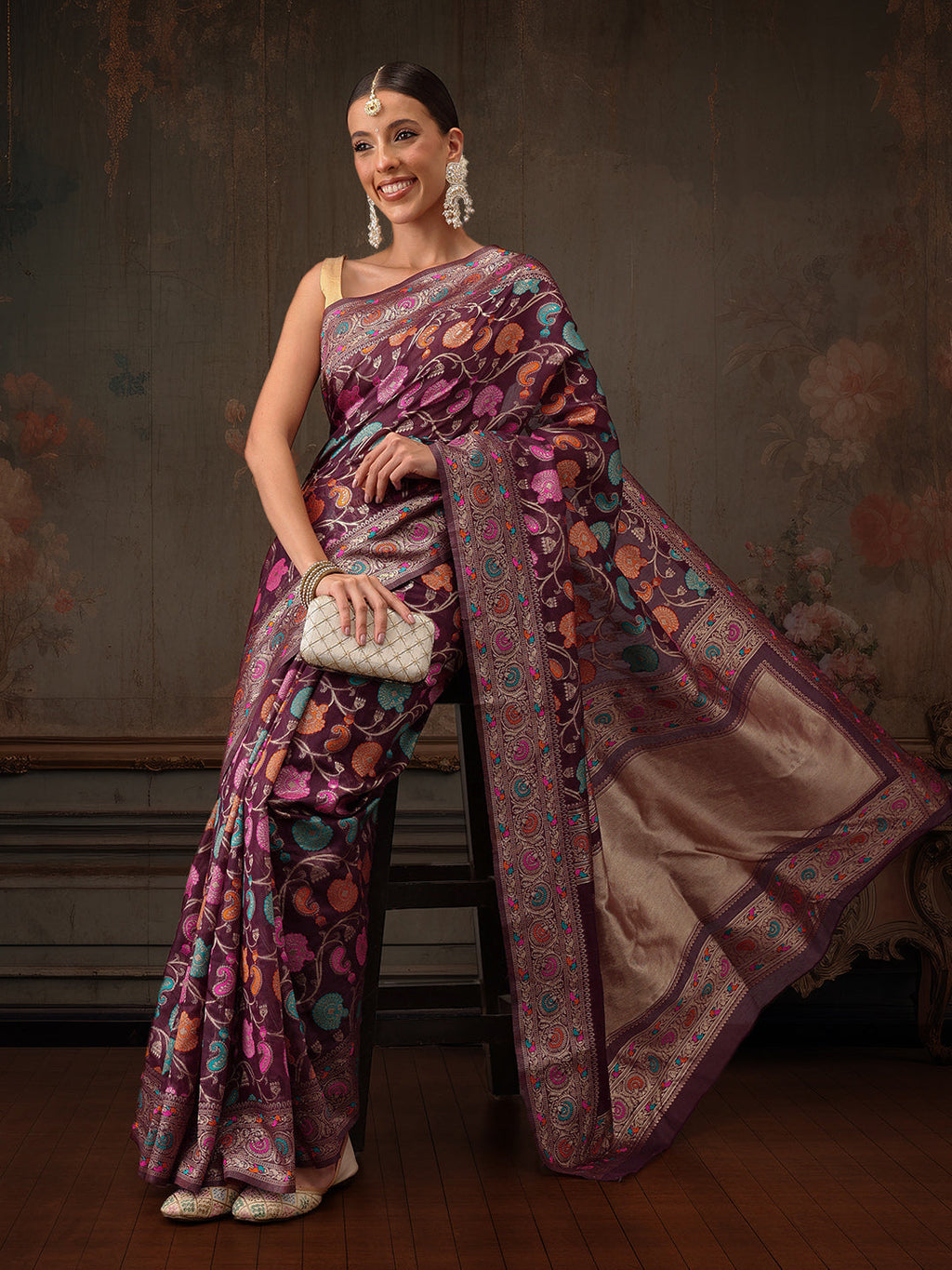 Hiral Fashion Purple Jamdani Cotton Floral Woven Thread Saree | Grocsy