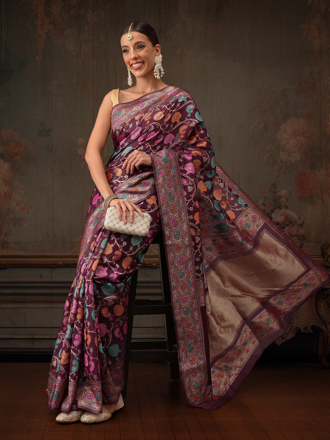 Hiral Fashion Purple Jamdani Cotton Floral Woven Thread Saree | Grocsy