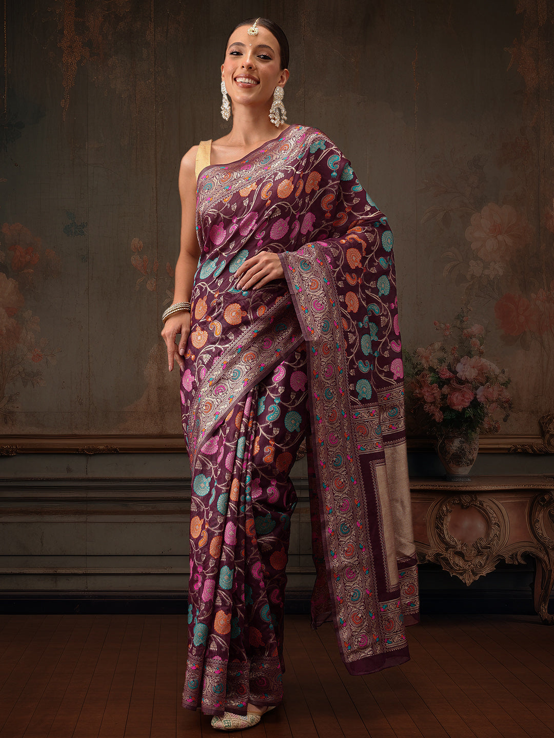 Hiral Fashion Purple Jamdani Cotton Floral Woven Thread Saree | Grocsy