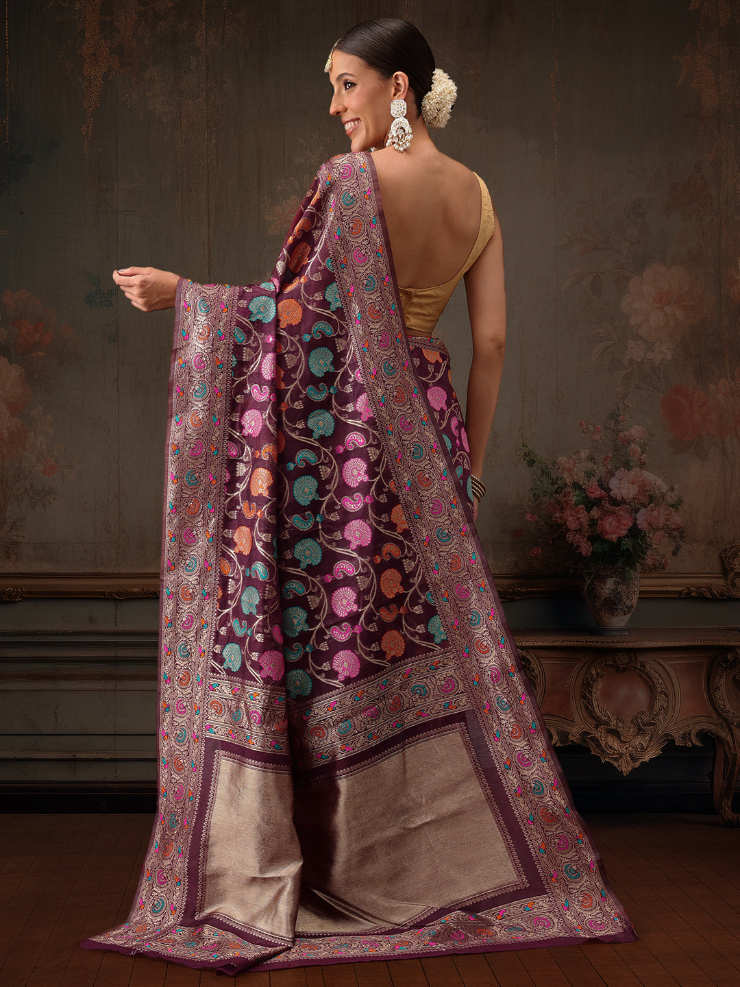 Hiral Fashion Purple Jamdani Cotton Floral Woven Thread Saree | Grocsy