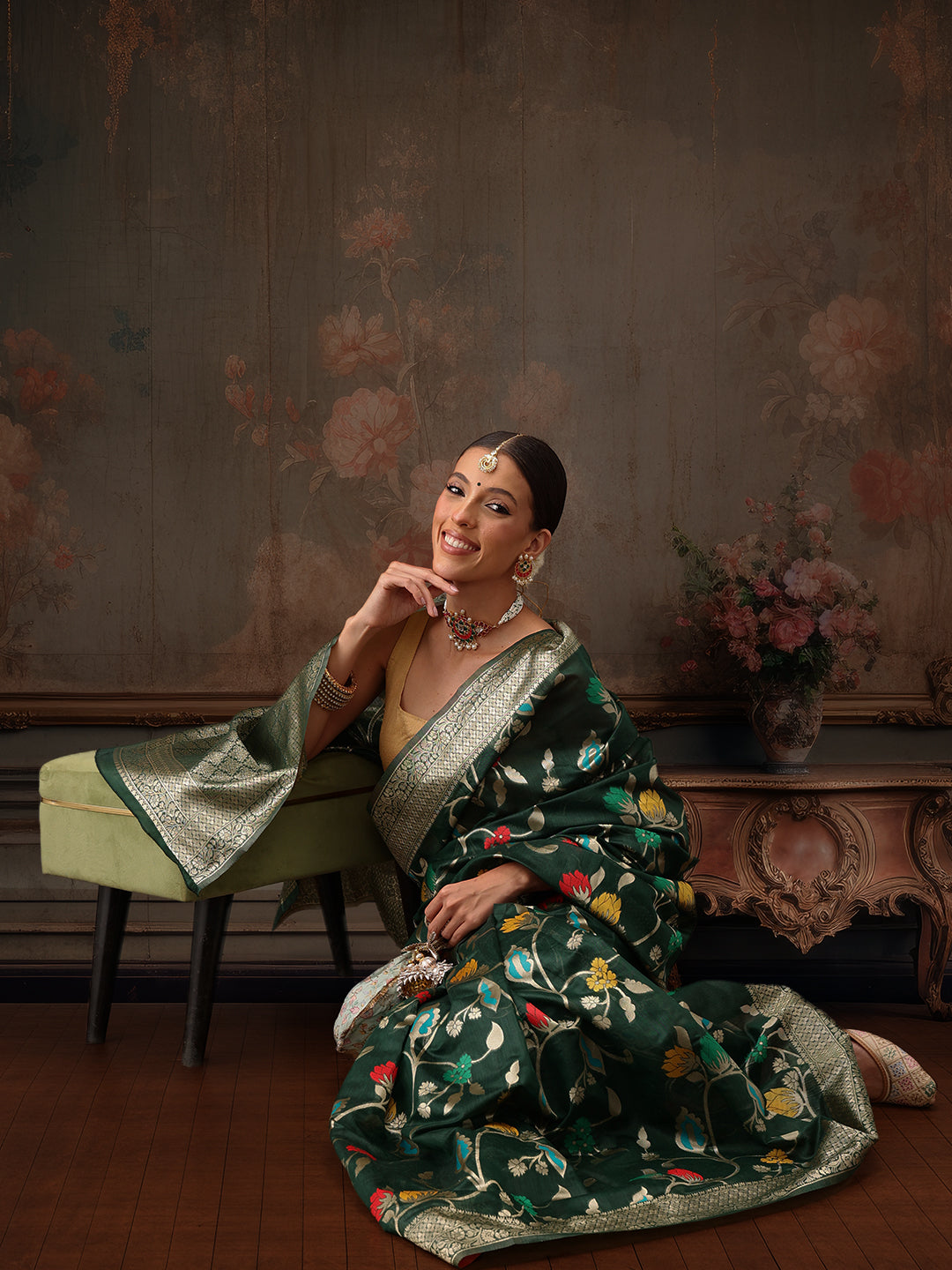 Hiral Fashion Green Jamdani Cotton Floral Woven Thread Saree | Grocsy