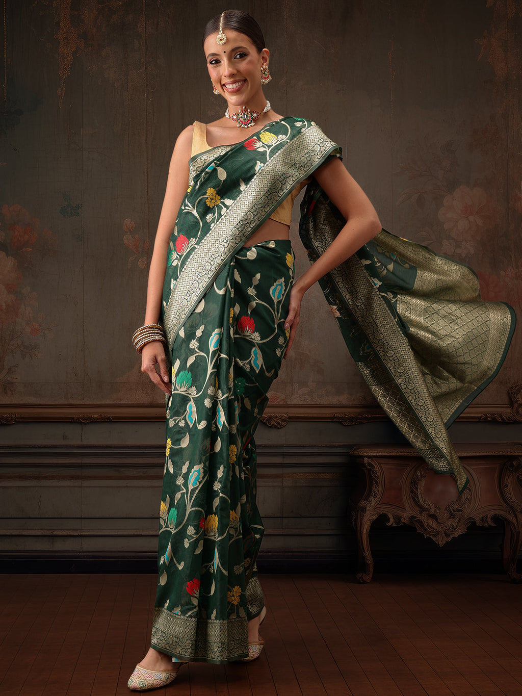 Hiral Fashion Green Jamdani Cotton Floral Woven Thread Saree | Grocsy