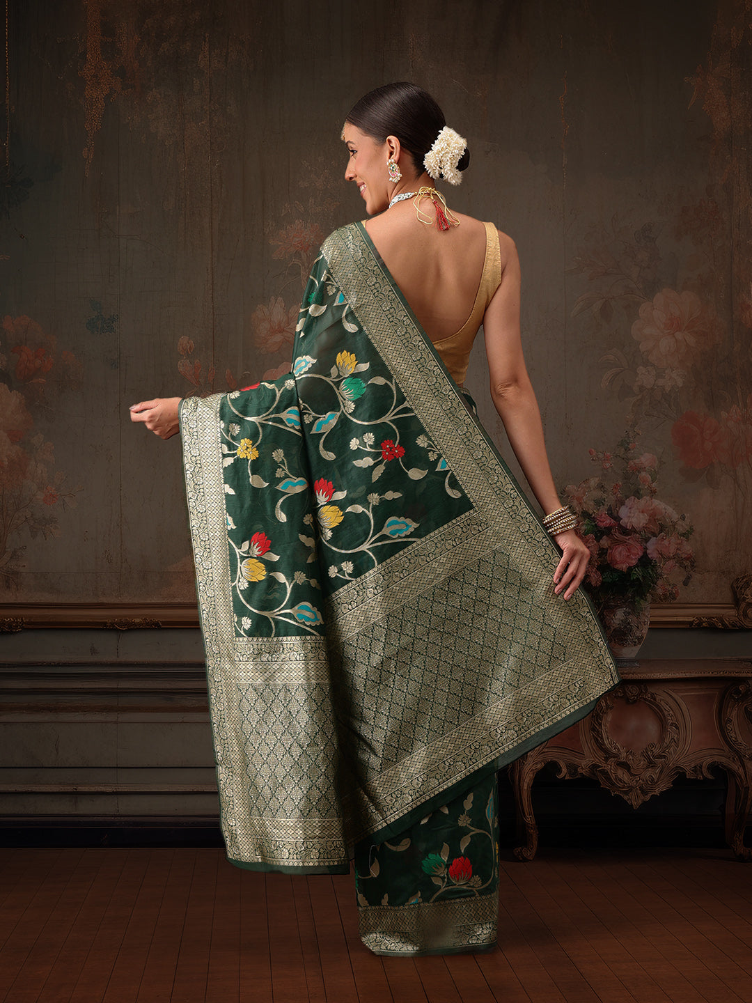 Hiral Fashion Green Jamdani Cotton Floral Woven Thread Saree | Grocsy