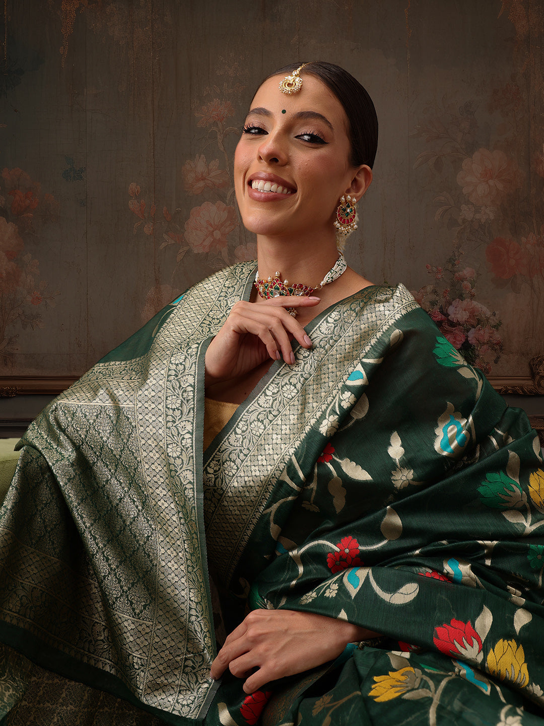 Hiral Fashion Green Jamdani Cotton Floral Woven Thread Saree | Grocsy