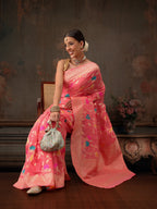 Hiral Fashion Pink Jamdani Cotton Floral Woven Thread Saree | Grocsy