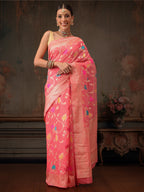 Hiral Fashion Pink Jamdani Cotton Floral Woven Thread Saree | Grocsy