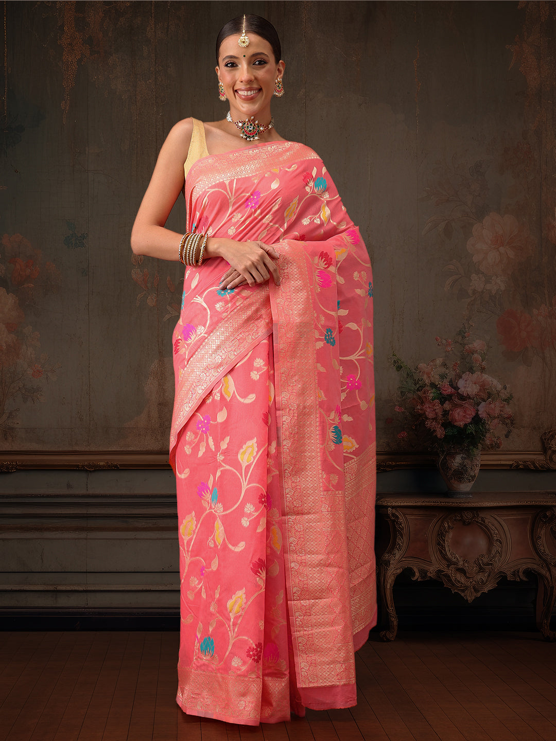 Hiral Fashion Pink Jamdani Cotton Floral Woven Thread Saree | Grocsy
