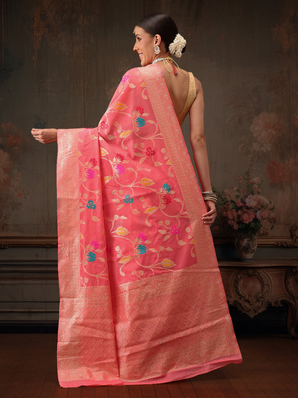 Hiral Fashion Pink Jamdani Cotton Floral Woven Thread Saree | Grocsy