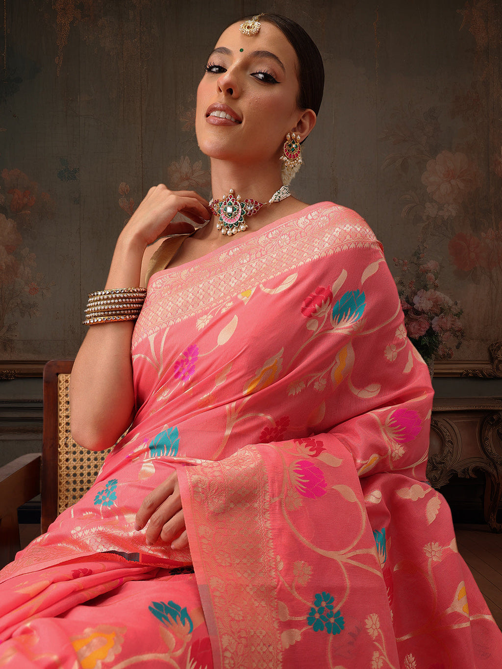 Hiral Fashion Pink Jamdani Cotton Floral Woven Thread Saree | Grocsy