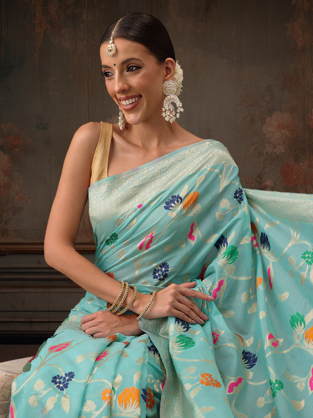 Hiral Fashion Teal Jamdani Cotton Floral Woven Thread Saree | Grocsy
