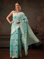 Hiral Fashion Teal Jamdani Cotton Floral Woven Thread Saree | Grocsy