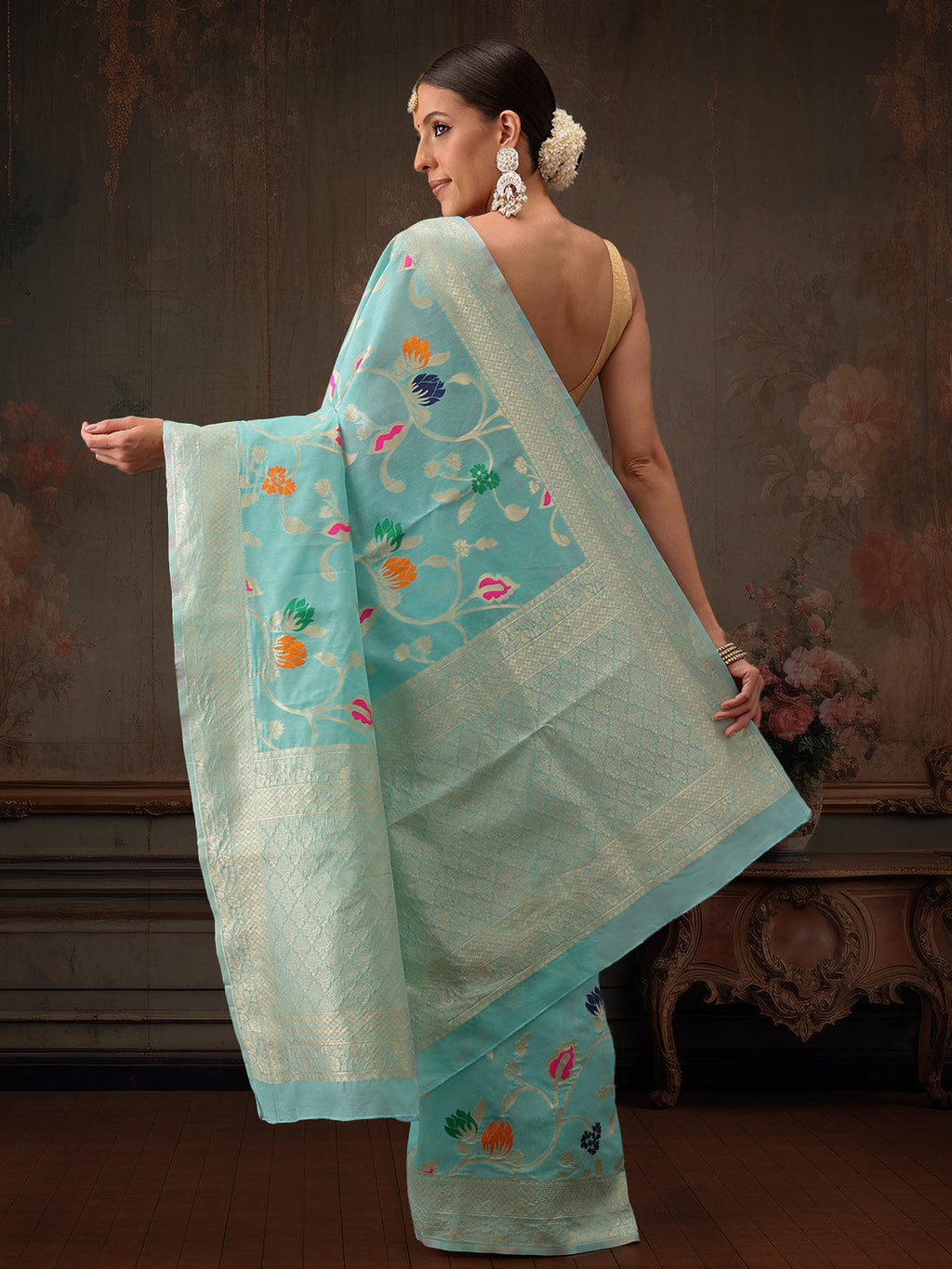 Hiral Fashion Teal Jamdani Cotton Floral Woven Thread Saree | Grocsy