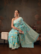 Hiral Fashion Teal Jamdani Cotton Floral Woven Thread Saree | Grocsy