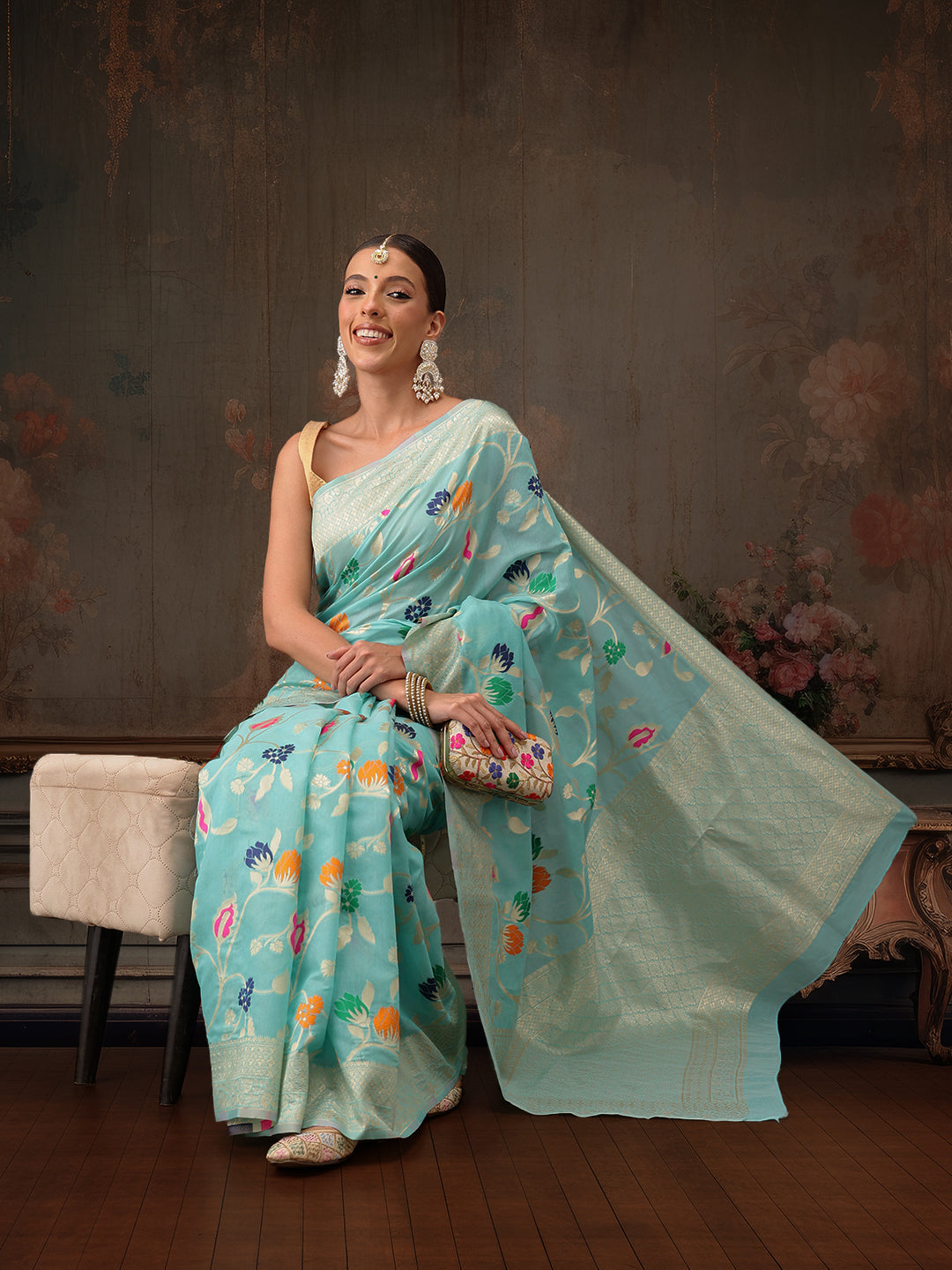 Hiral Fashion Teal Jamdani Cotton Floral Woven Thread Saree | Grocsy