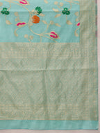 Hiral Fashion Teal Jamdani Cotton Floral Woven Thread Saree | Grocsy