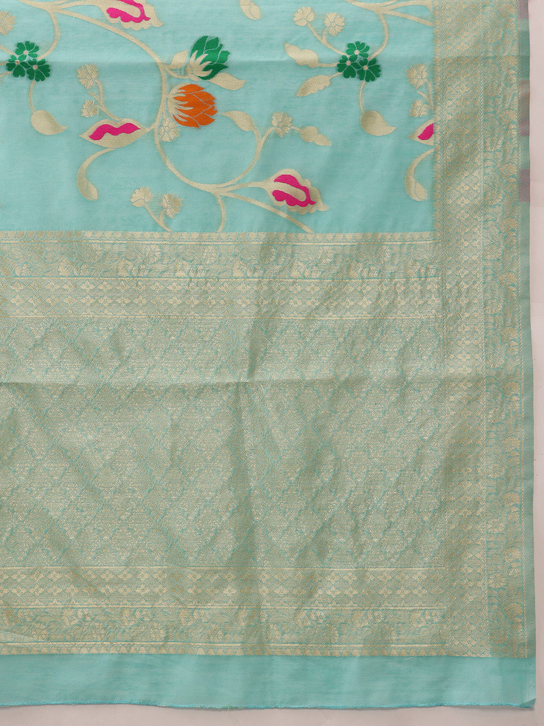 Hiral Fashion Teal Jamdani Cotton Floral Woven Thread Saree | Grocsy