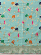Hiral Fashion Teal Jamdani Cotton Floral Woven Thread Saree | Grocsy