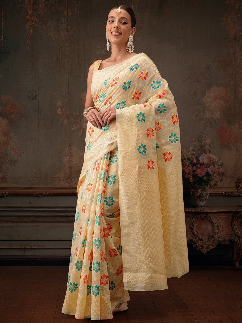 Hiral Fashion Beige Jamdani Cotton Floral Woven Thread Saree | Grocsy