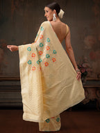 Hiral Fashion Beige Jamdani Cotton Floral Woven Thread Saree | Grocsy